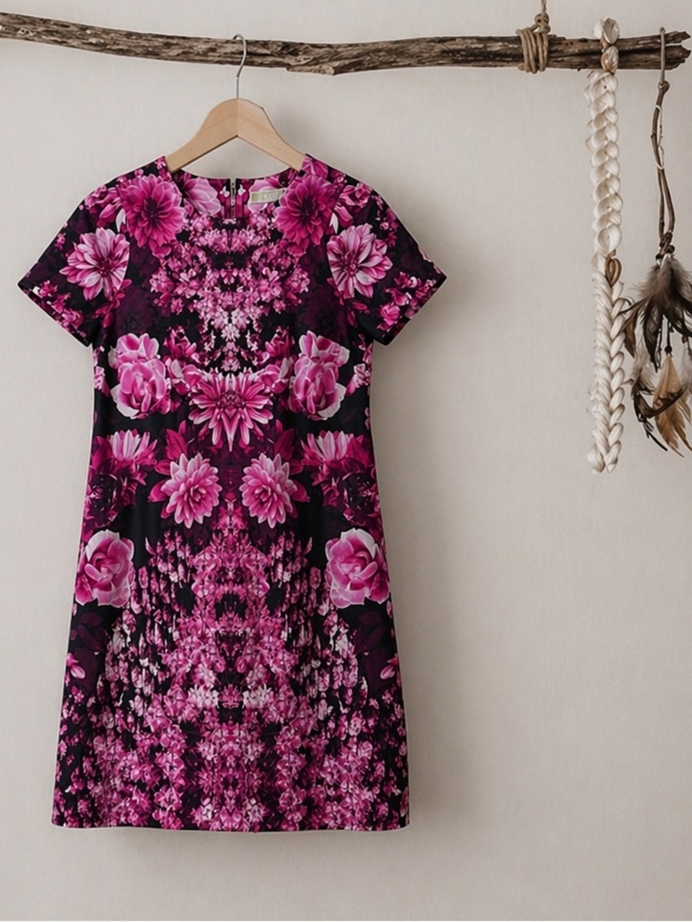 Michael Kors Kew Garden Floral Sheath Dress Short Sleeve Pink Zip Closure Sz 10